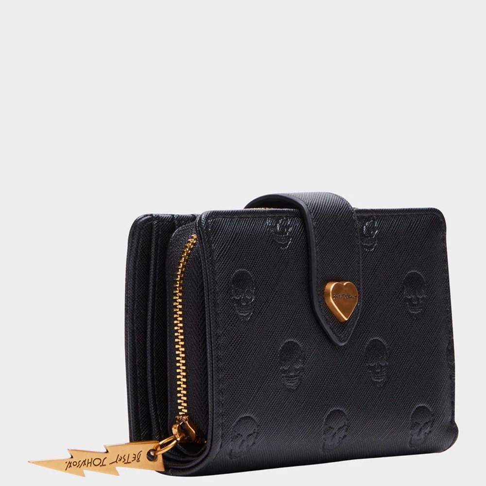 Betsey Johnson Black Embossed Skull Wallet with Gold Heart Detail